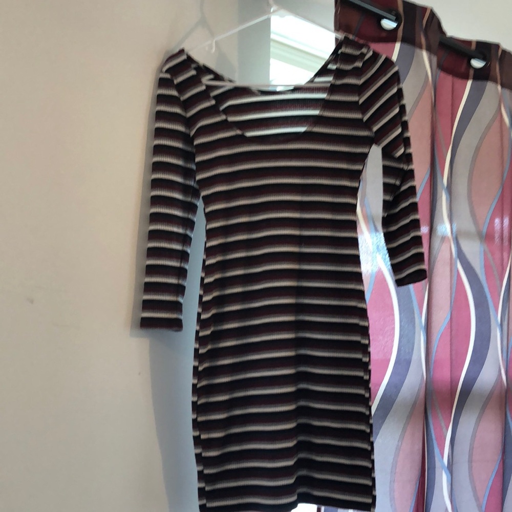 Burgundy Body Con dress with stripes.